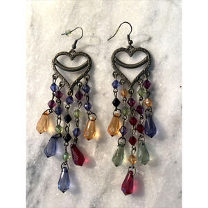 Vintage Bohemian Brass Heart Rhinestone Chandelier Earrings